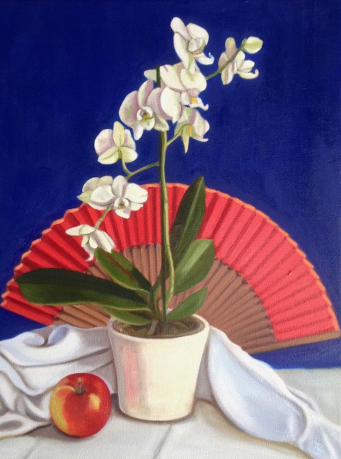 Painting process of ‘White Orchid & Red Fan’
