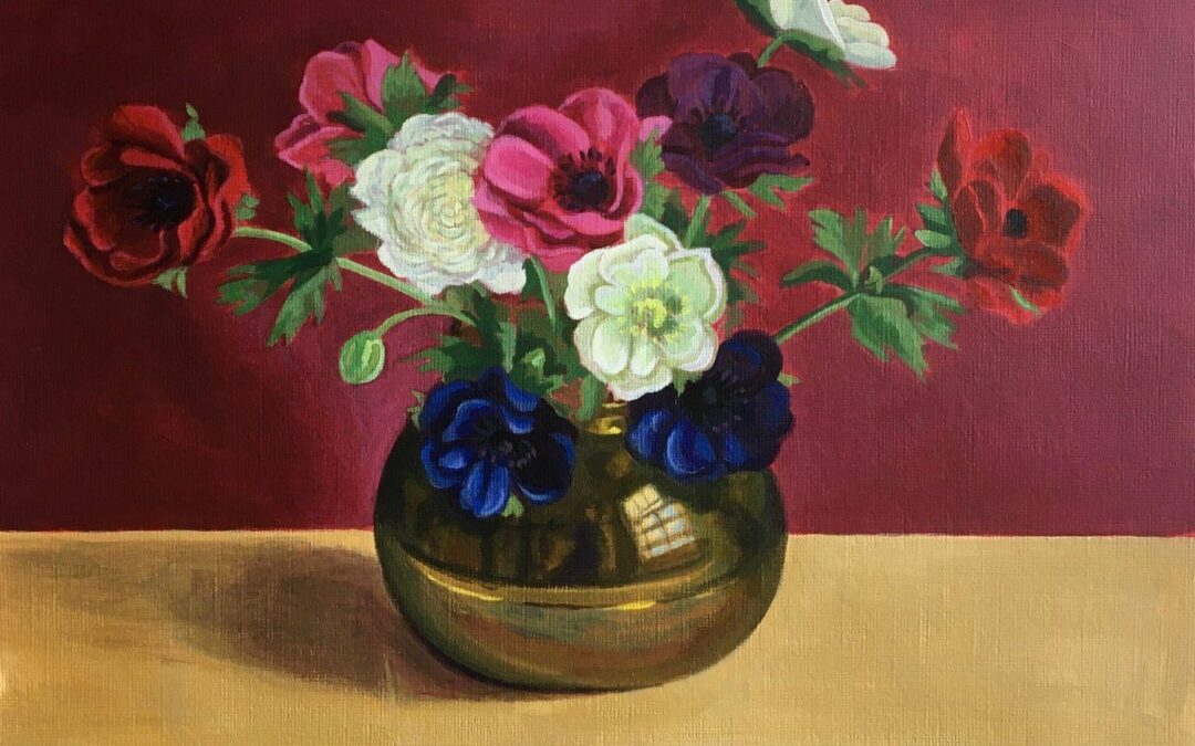 Poppy anemones in Brass Pot